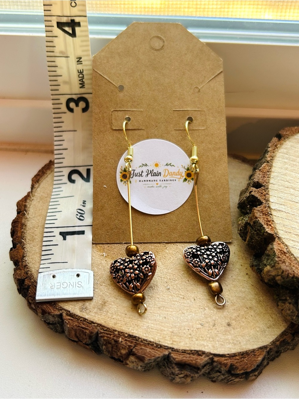 Bronze Floral Heart Dangle Earrings Cottagecore Boho Vintage - Picture 3 of 3